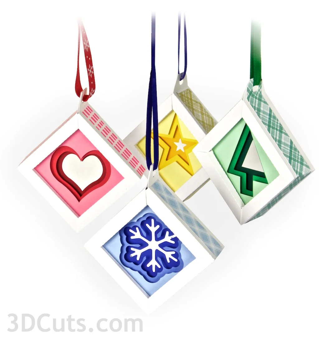3d Shadow Box Christmas Ornaments by 3dCuts.com, Marji Roy, 3D cutting files in .svg, .dxf, and .pdf formats for use with Silhouette and Cricut cutting machines, paper crafting files