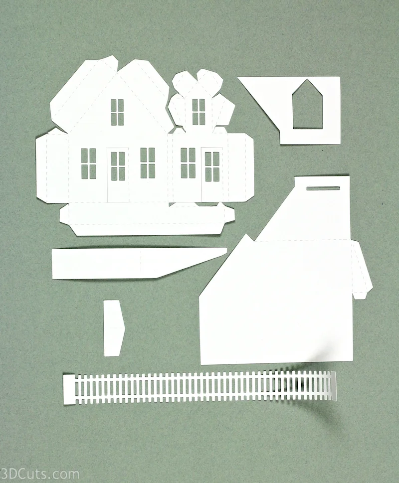 Ledge Village by 3DCuts.com, Marji Roy, 3D cutting files in .svg, .dxf, and pdf. formats for use with Silhouette and Cricut cutting machines, paper crafting files, Ledge Village Dormer House 