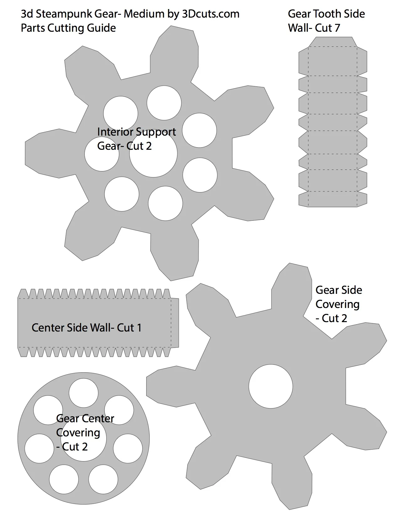 Number of each part to cut for medium 7 toothed gear.