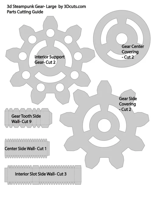 Number of each part to cut for large 9 toothed gear.