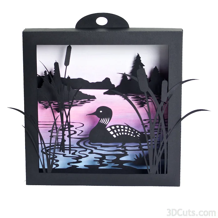 Loon Lake Shadow box in paper by Marji Roy of 3dcuts.com. Cutting files in svg, pdf, and dxf formats for Silhouette and Cricut cutting machines
