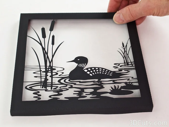 Loon Lake Shadow box Tutorial by Marji Roy of 3dcuts.co m. Cutting files in svg, pdf, and dxf formats for paper cutting using Silhouette and Cricut cutting machines