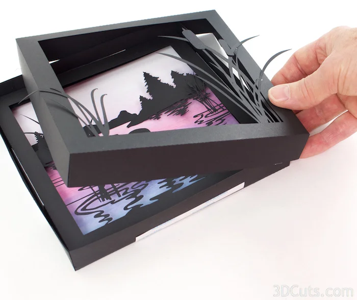 Loon Lake Shadow box Tutorial by Marji Roy of 3dcuts.co m. Cutting files in svg, pdf, and dxf formats for paper cutting using Silhouette and Cricut cutting machines