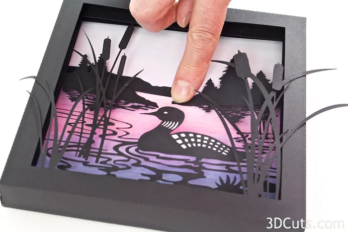 Loon Lake Shadow box Tutorial by Marji Roy of 3dcuts.co m. Cutting files in svg, pdf, and dxf formats for paper cutting using Silhouette and Cricut cutting machines