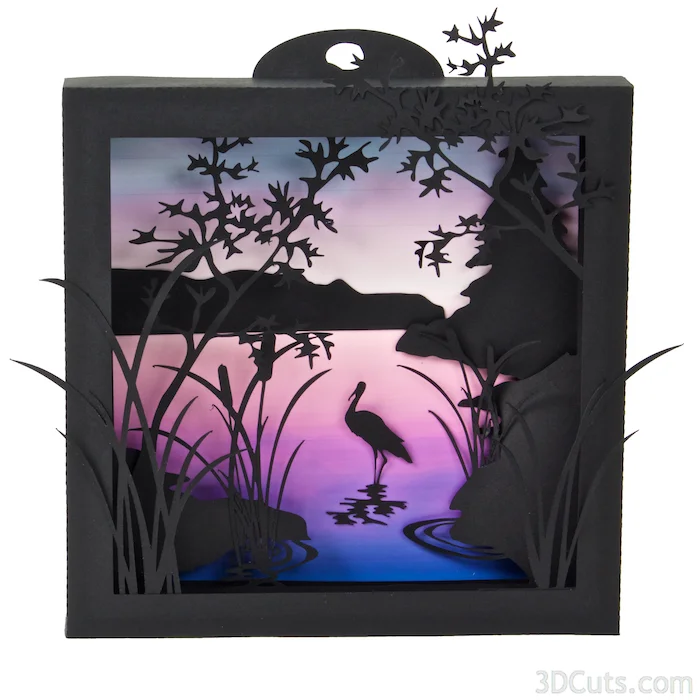 Heron Cove Shadow Box in paper by Marji Roy of 3dcuts.com. Cutting files in svg, pdf, and dxf formats for Silhouette and Cricut cutting machines