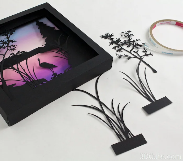 Heron Cove Shadow box Tutorial by Marji Roy of 3dcuts.com. Cutting files in svg, pdf, and dxf formats for paper cutting using Silhouette and Cricut cutting machines