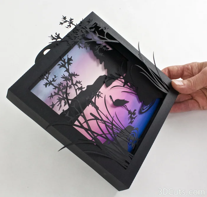 Heron Cove Shadow box Tutorial by Marji Roy of 3dcuts.co m. Cutting files in svg, pdf, and dxf formats for paper cutting using Silhouette and Cricut cutting machines