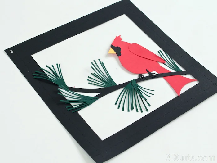 Cardinal in Pines Shadow box by Marji Roy of 3dcuts.com. This is a cutting file for use on Cricut and Silhouette cutting machine. It is made from card stock. Files available in svg, pdf, png and pdf formats.