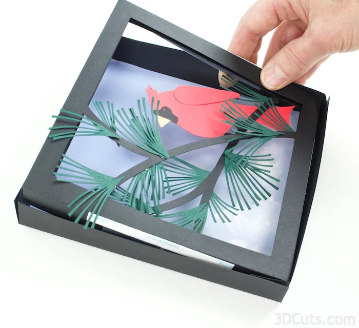 Cardinal in Pines Shadow box by Marji Roy of 3dcuts.com. This is a cutting file for use on Cricut and Silhouette cutting machine. It is made from card stock. Files available in svg, pdf, png and pdf formats.