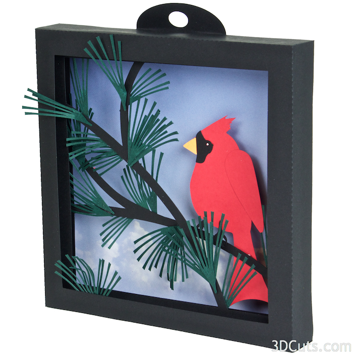 Cardinal in Pines Shadow box by Marji Roy of 3dcuts.com. This is a cutting file for use on Cricut and Silhouette cutting machine. It is made from card stock. Files available in svg, pdf, png and pdf formats.