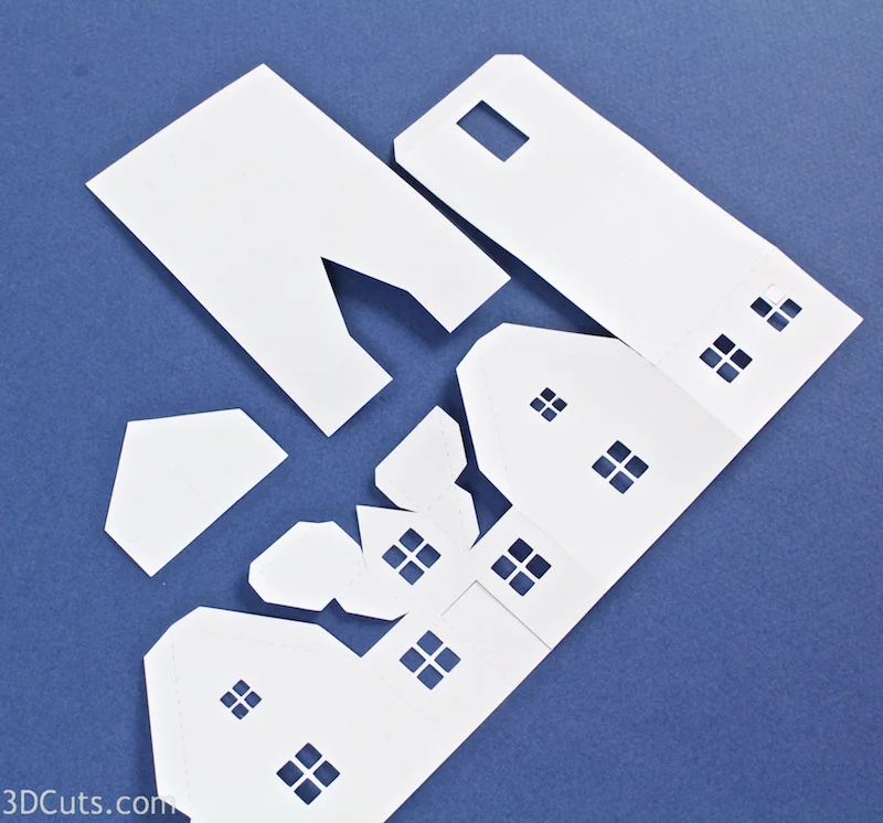 Tea Light Village, 3DCuts.com, Marji Roy, 3D cutting files in .svg, .dxf, and .pdf formats for use with Silhouett, Cricut and other cutting machines, paper crafting files