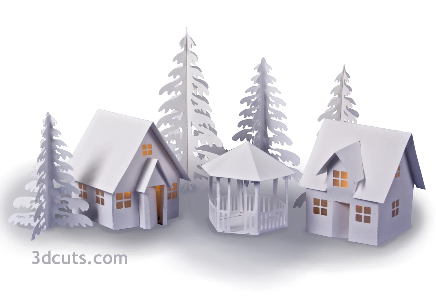 Tea Light Village, 3DCuts.com, Marji Roy, 3D cutting files in .svg, .dxf, and .pdf formats for use with Silhouett, Cricut and other cutting machines, paper crafting files