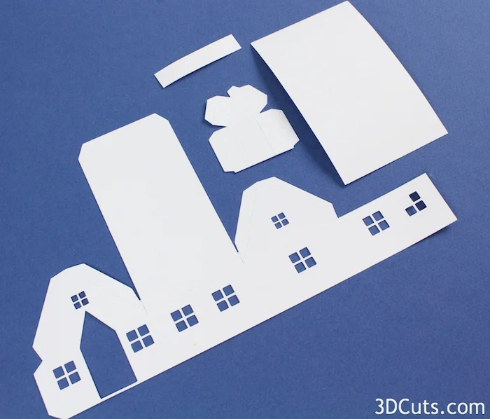 Tea Light Village, 3DCuts.com, Marji Roy, 3D cutting files in .svg, .dxf, and .pdf formats for use with Silhouett, Cricut and other cutting machines, paper crafting files