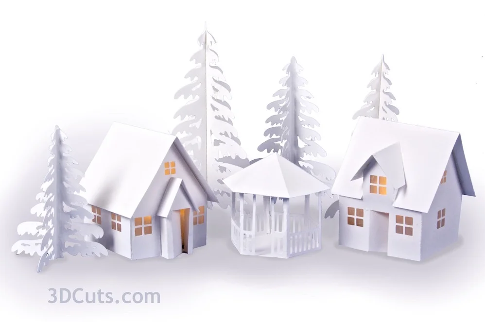 Tea Light Village, 3DCuts.com, Marji Roy, 3D cutting files in .svg, .dxf, and .pdf formats for use with Silhouett, Cricut and other cutting machines, paper crafting files