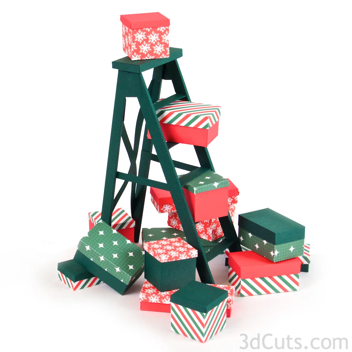 3d Christmas Ladder centerpiece constructed from card stock. SVG,PDF, PNG, DXF cutting files available from 3dcuts.com. Designed by Marji Roy