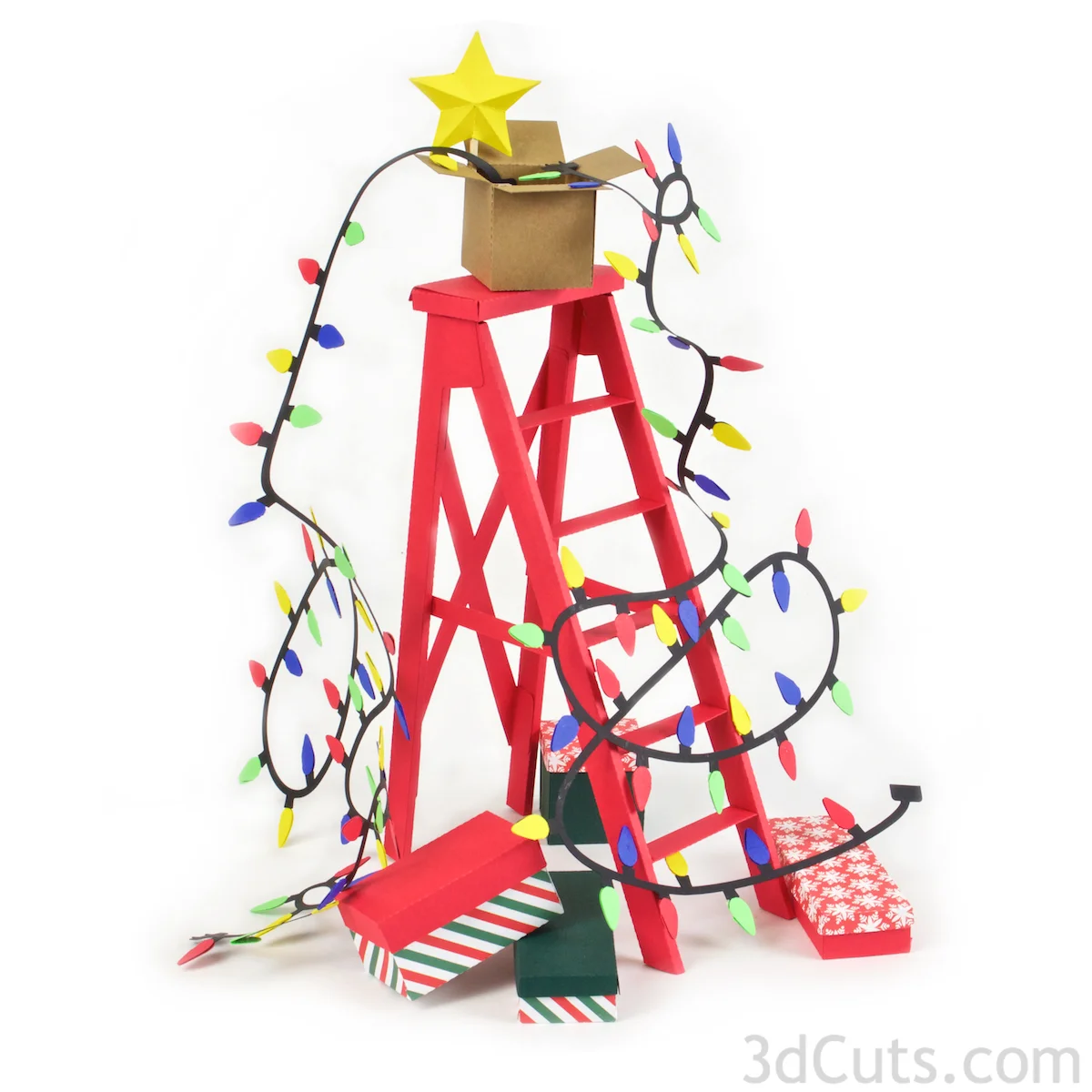 3d Christmas Ladder centerpiece constructed from card stock. SVG,PDF, PNG, DXF cutting files available from 3dcuts.com. Designed by Marji Roy