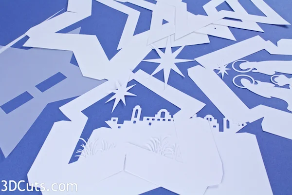 3d Star Nativity Shadow Box cutting files in SVG, pdf, png, and dxf formats, with LED back lights. Designed by Marji Roy of 3dcuts.com for Silhouette and Cricut cutting machines