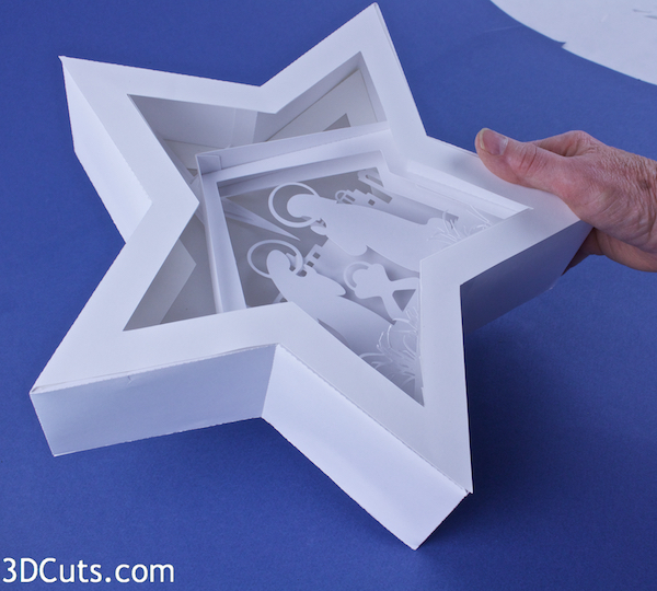3d Star Nativity Shadow Box cutting files in SVG, pdf, png, and dxf formats, with LED back lights. Designed by Marji Roy of 3dcuts.com for Silhouette and Cricut cutting machines