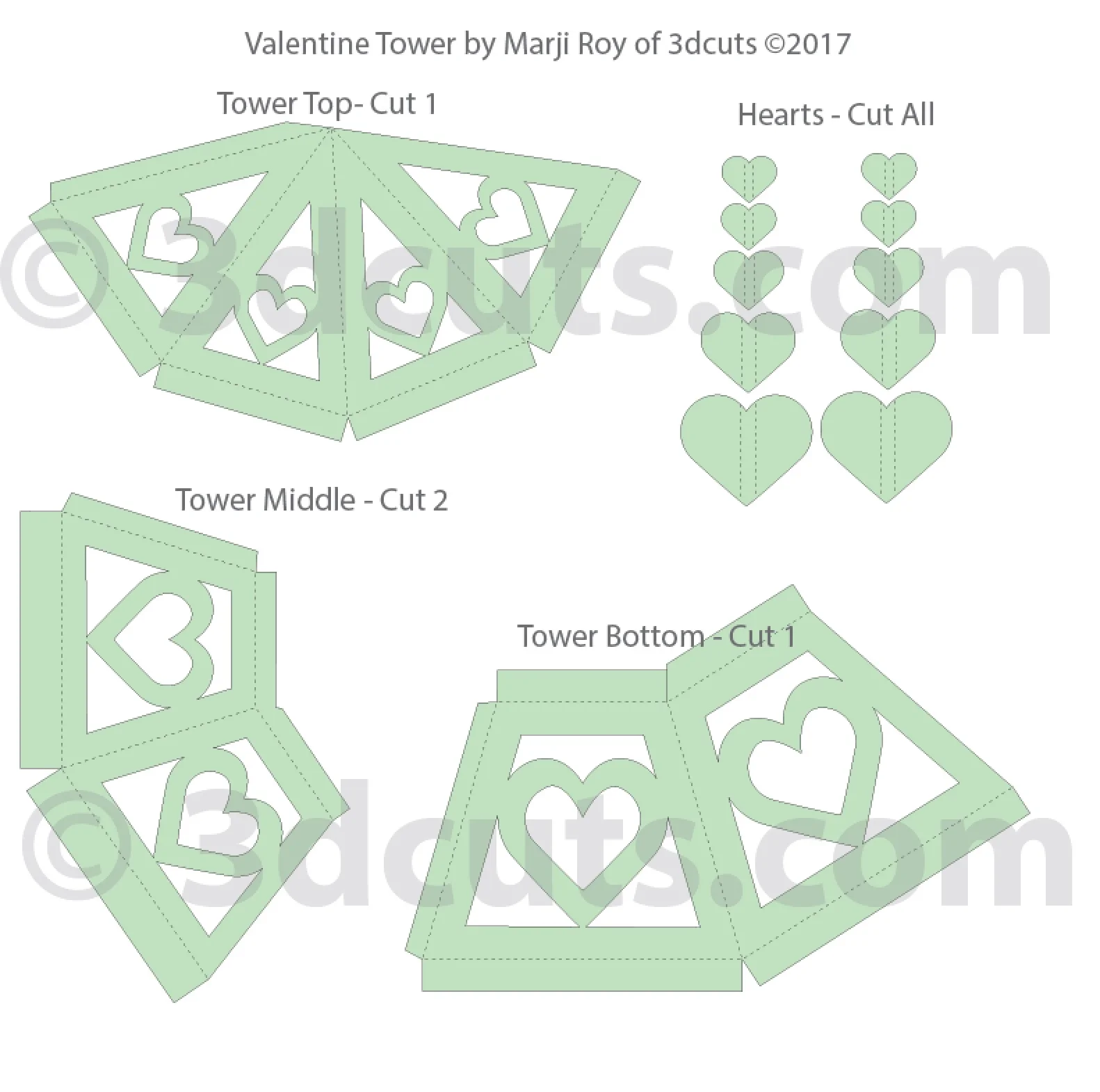 3d Valentine Tower cutting files in SVG, pdf, png, and dxf formats. Designed by Marji Roy of 3dcuts.com for Silhouette, Cricut and other cutting machines. ©2017 Marji Roy. All rights reserved