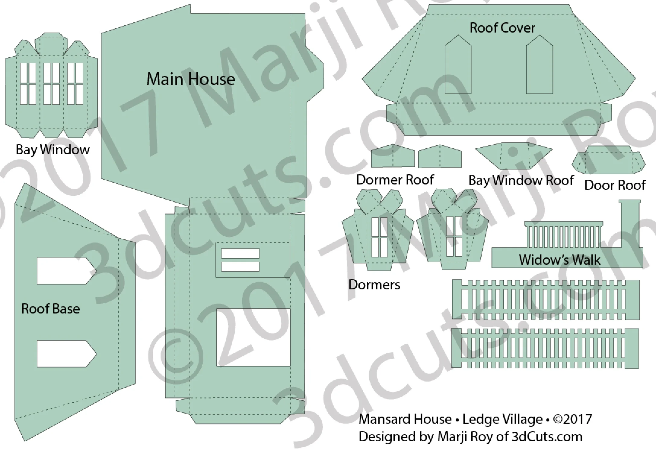 Mansard House cutting files is part of Ledge Village. These are cutting files in SVG, pdf, png, and dxf formats. Designed by Marji Roy of 3dcuts.com for Silhouette, Cricut and other cutting machines ©2017by Marji Roy