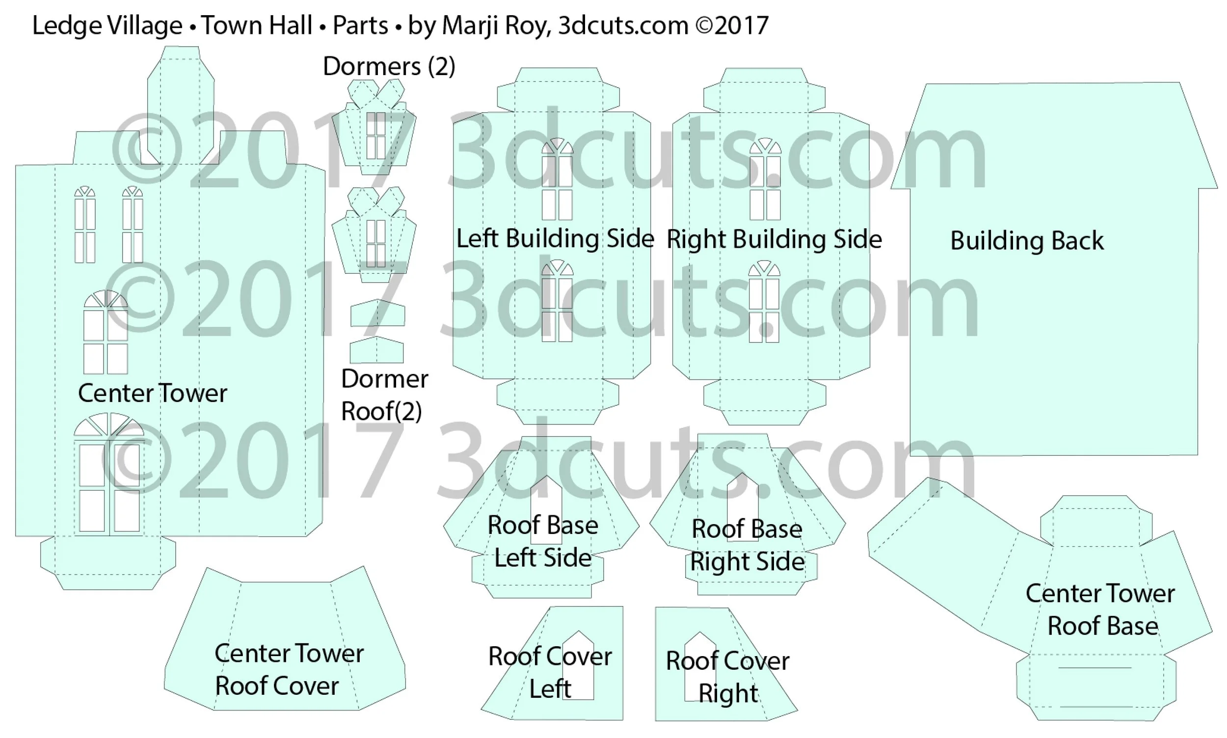 Ledge Village Town Hall cutting files in SVG, pdf, png, and dxf formats. Designed by Marji Roy of 3dcuts.com for Silhouette, Cricut and other cutting machines. Paper cutting files. Assembly