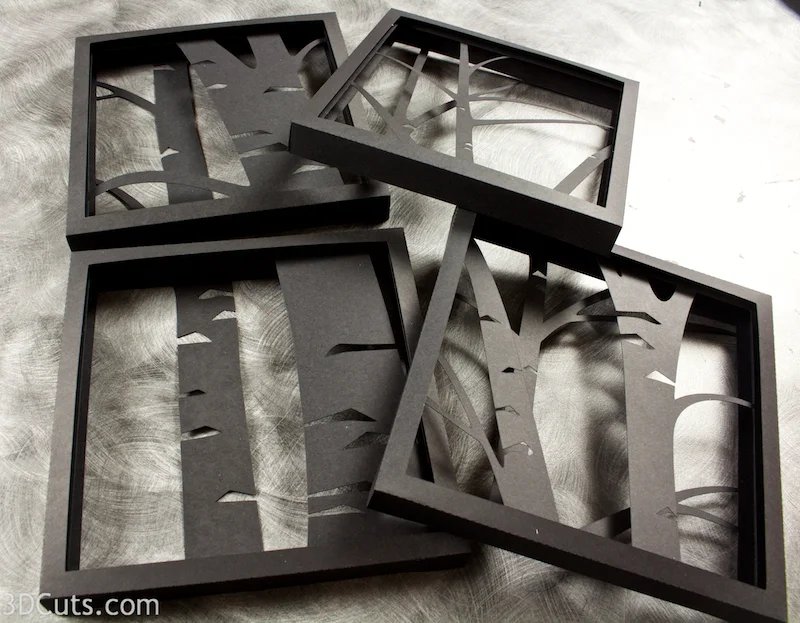 3d Birch Trees Shadow Box tutorial by 3dCuts.com, Marji Roy, 3D cutting files in .svg, .dxf, and .pdf formats for use with Silhouette and Cricut cutting machines, paper crafting files