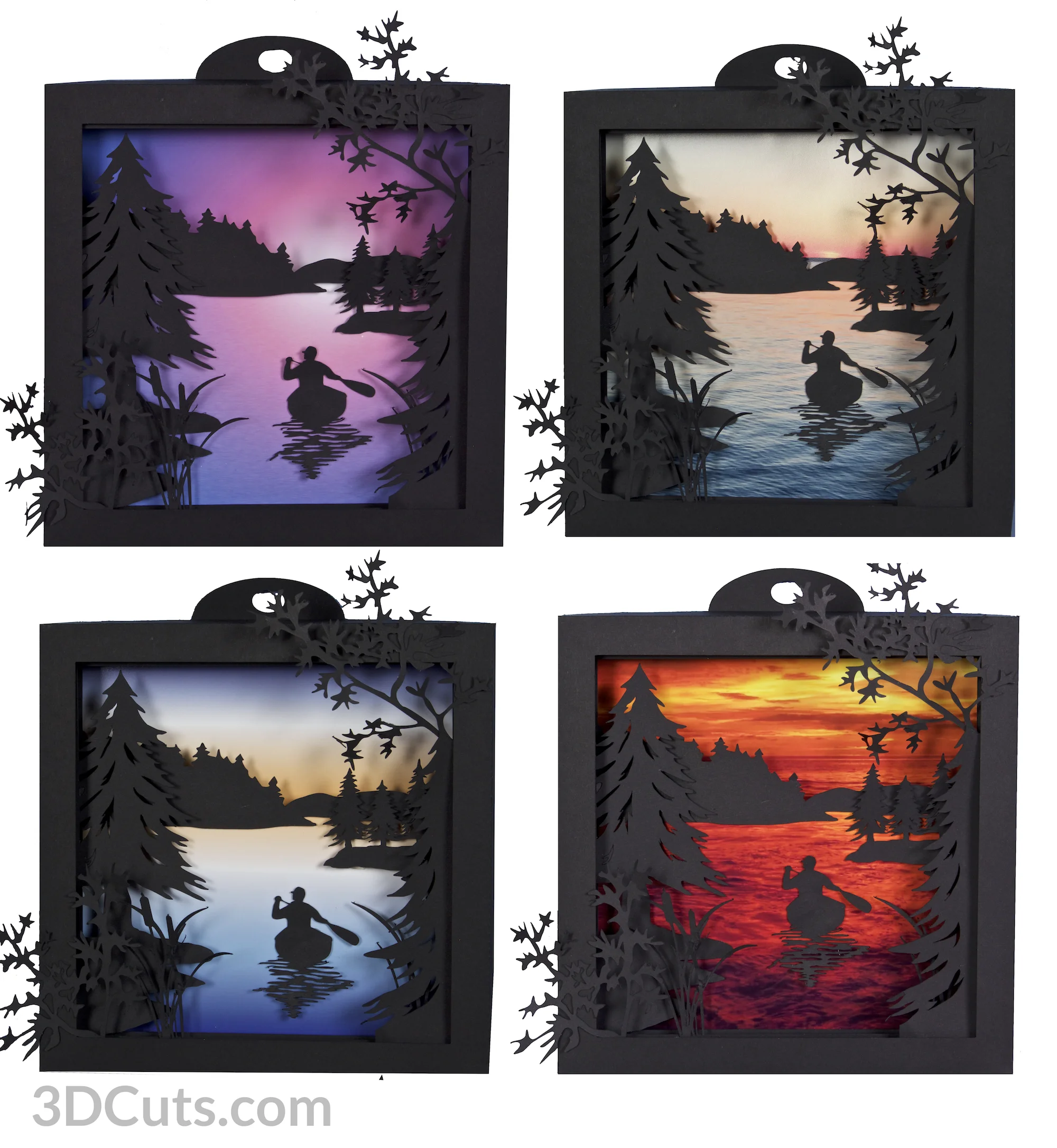 Canoe at Sunrise Shadow Box in paper by Marji Roy of 3dcuts.com. Cutting files in svg, pdf, and dxf formats for Silhouette and Cricut cutting machines