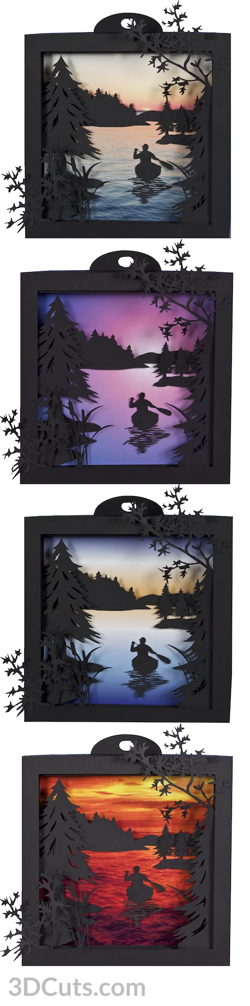 Canoe at Sunrise Shadow Box in paper by Marji Roy of 3dcuts.com. Cutting files in svg, pdf, and dxf formats for Silhouette and Cricut cutting machines