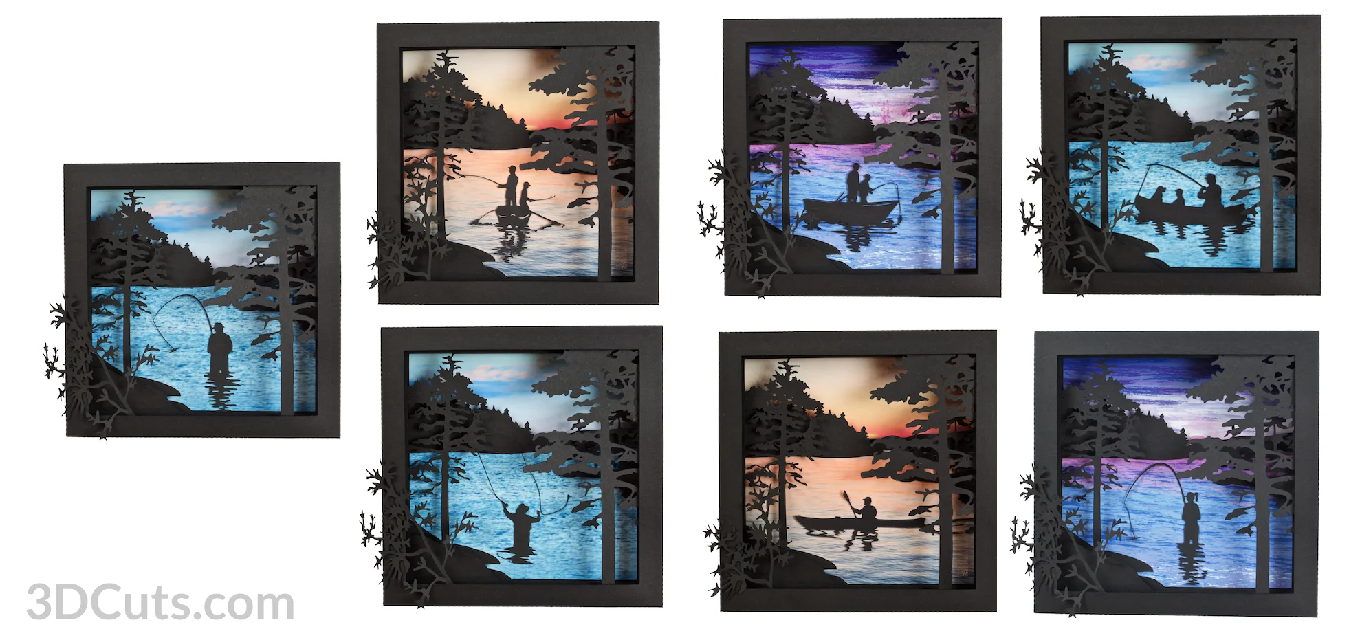 Canoe at Sunrise Shadow Box in paper by Marji Roy of 3dcuts.com. Cutting files in svg, pdf, and dxf formats for Silhouette and Cricut cutting machines