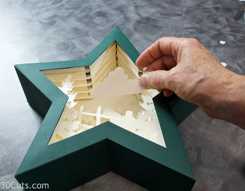 3d Star Nativity Shadow Box cutting files in SVG, pdf, png, and dxf formats, with LED back lights. Designed by Marji Roy of 3dcuts.com for Silhouette and Cricut cutting machines