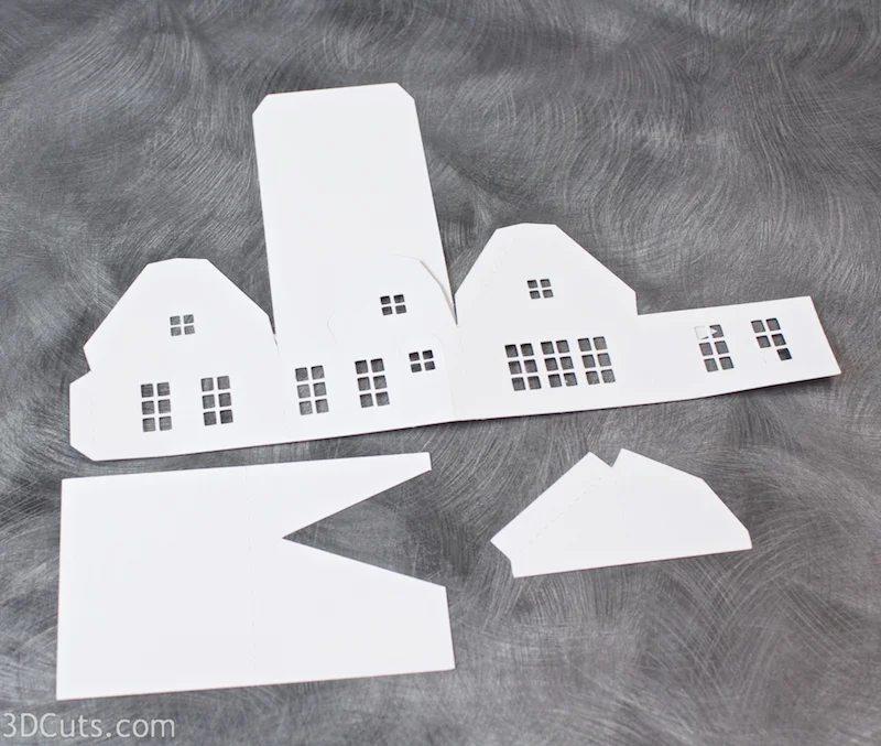 Tea Light Village, 3DCuts.com, Marji Roy, 3D cutting files in .svg, .dxf, and .pdf formats for use with Silhouett, Cricut and other cutting machines, paper crafting files