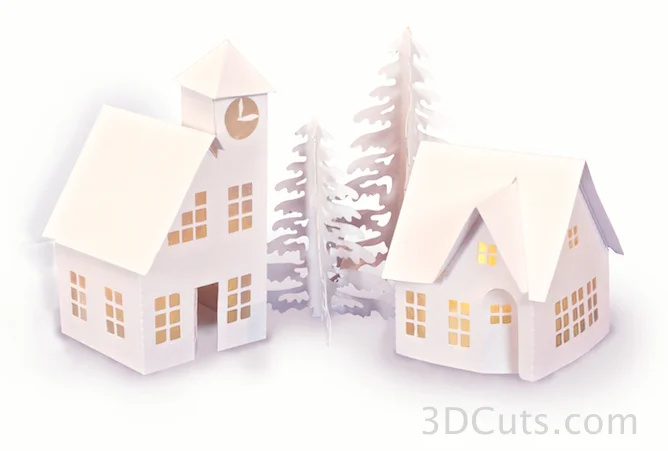 Tea Light Village, 3DCuts.com, Marji Roy, 3D cutting files in .svg, .dxf, and .pdf formats for use with Silhouett, Cricut and other cutting machines, paper crafting files