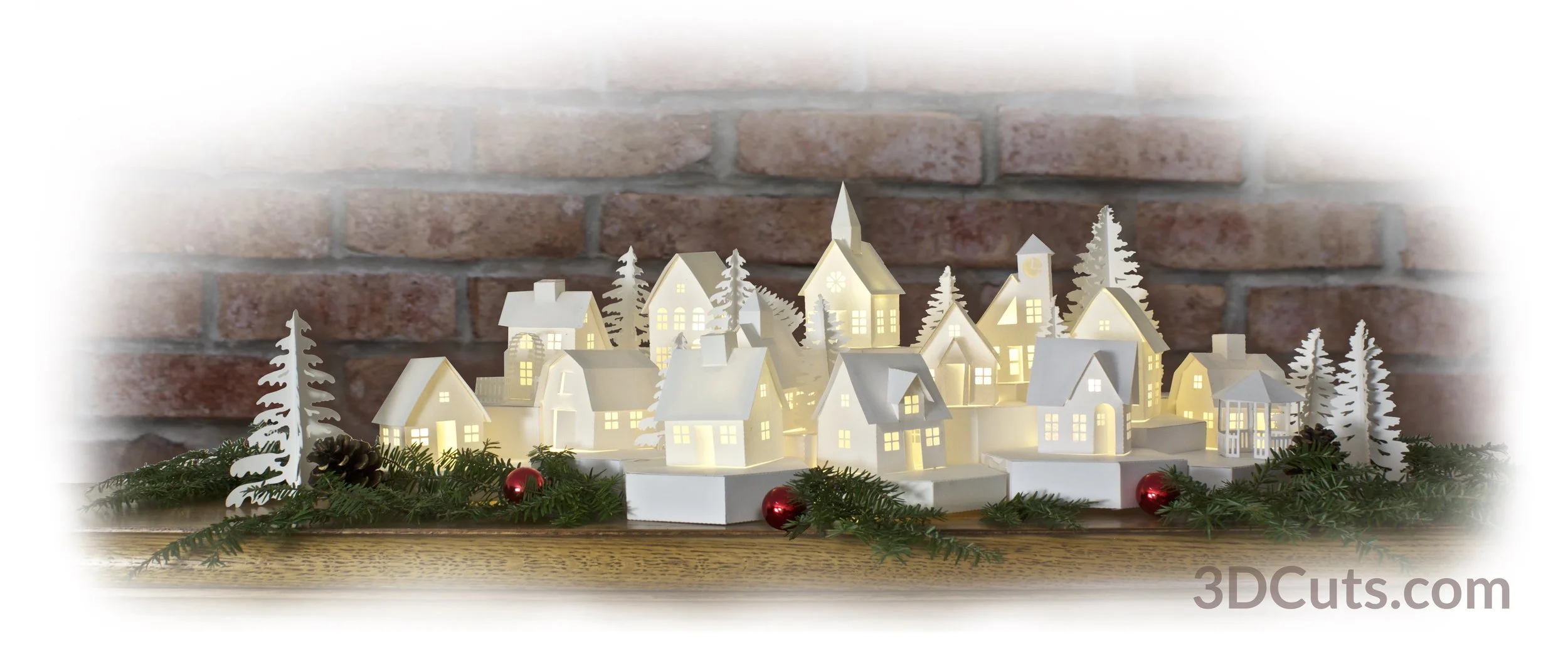Tea Light Village, 3DCuts.com, Marji Roy, 3D cutting files in .svg, .dxf, and .pdf formats for use with Silhouett, Cricut and other cutting machines, paper crafting files