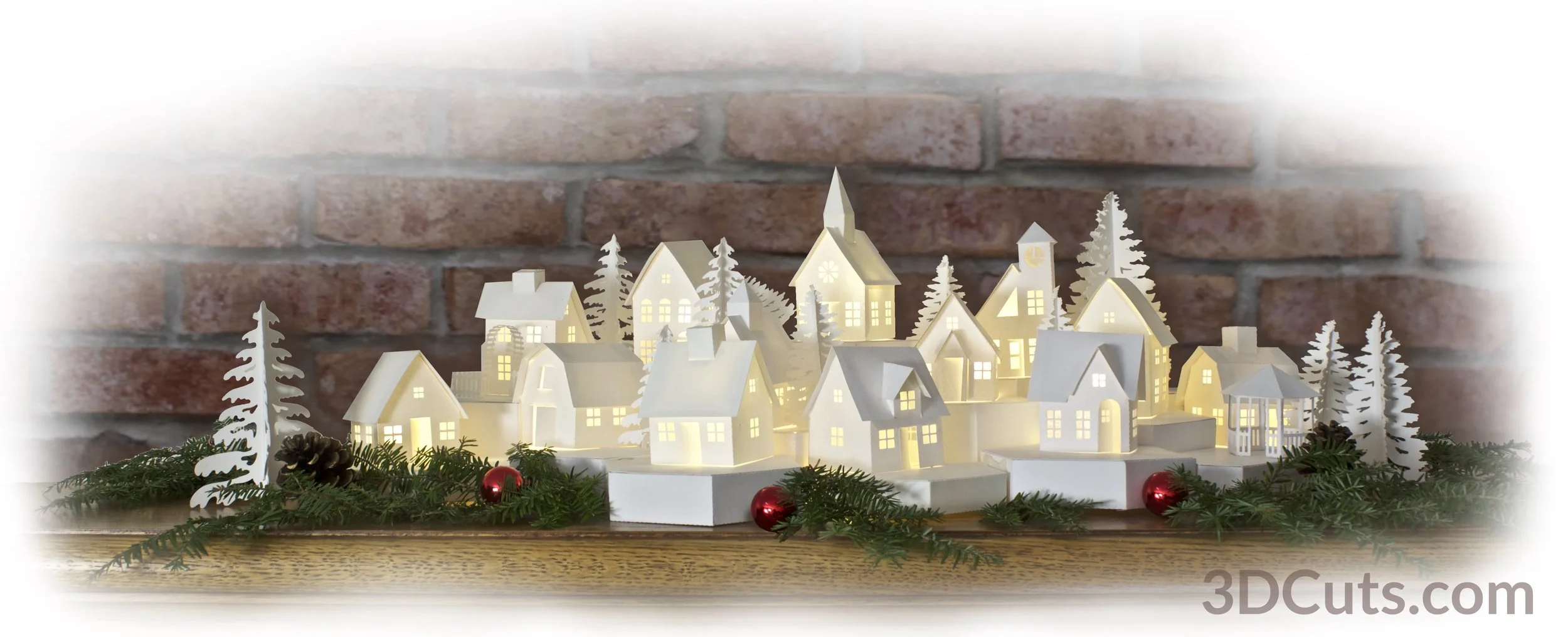 Stunning 3D illuminated tea light village by Marji Roy of 3dcuts.com. SVG, PDF, PNG and DXF cutting files and complete tutorials available. designed for Silhouette, Cricut, and other cutting machines.