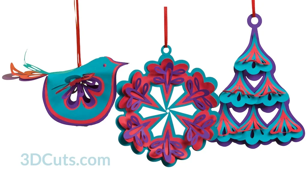 Handmade Christmas Tree Ornaments by 3dCuts.com, Marji Roy, 3D cutting files in .svg, .dxf, png and .pdf formats for use with Silhouette and Cricut cutting machines, paper crafting files, 