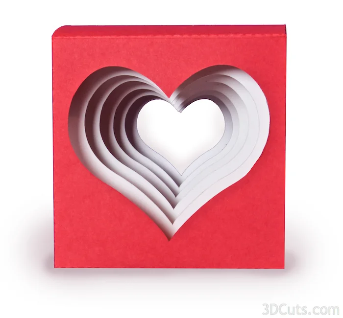 Handmade heart cube valentine by 3dCuts.com, Marji Roy, 3D cutting files in .svg, .dxf, png and .pdf formats for use with Silhouette and Cricut cutting machines, paper crafting files, 