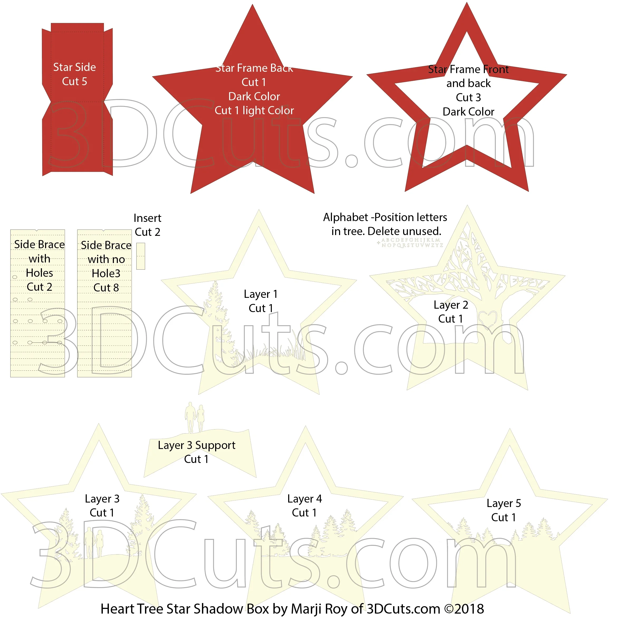 Layout for Stunning 3D illuminated Star Shadow Box by 3dCuts.com, by Marji Roy, 3D cutting files in .svg, .dxf, png and .pdf formats for use with Silhouette, Cricut and Brother cutting machines, paper crafting files, SVG Files
