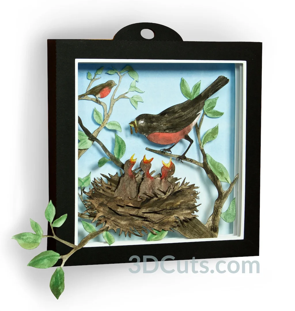 Springtime Robins Shadow box by Marji Roy of 3dcuts.com. This is a cutting file for use on Cricut and Silhouette cutting machine. It is made from card stock. Files available in svg, pdf, png and pdf formats.