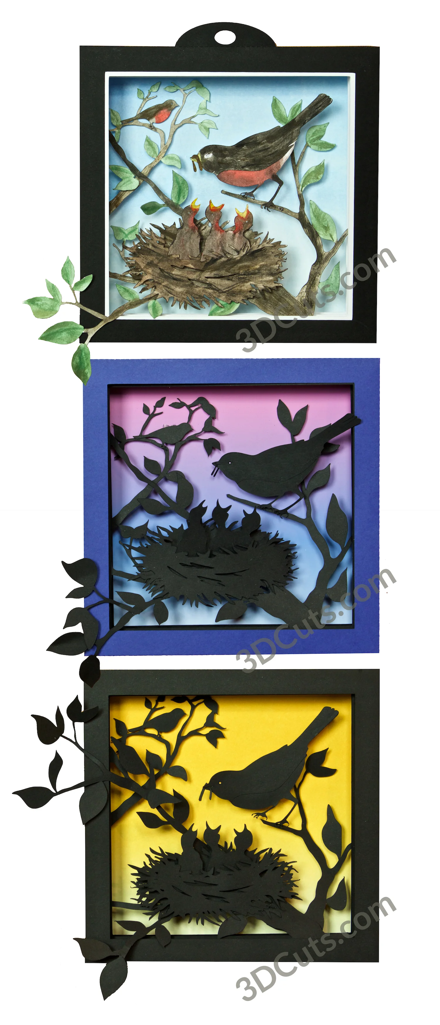 Springtime Robins Shadow box by Marji Roy of 3dcuts.com. This is a cutting file for use on Cricut and Silhouette cutting machine. It is made from card stock. Files available in svg, pdf, png and pdf formats.