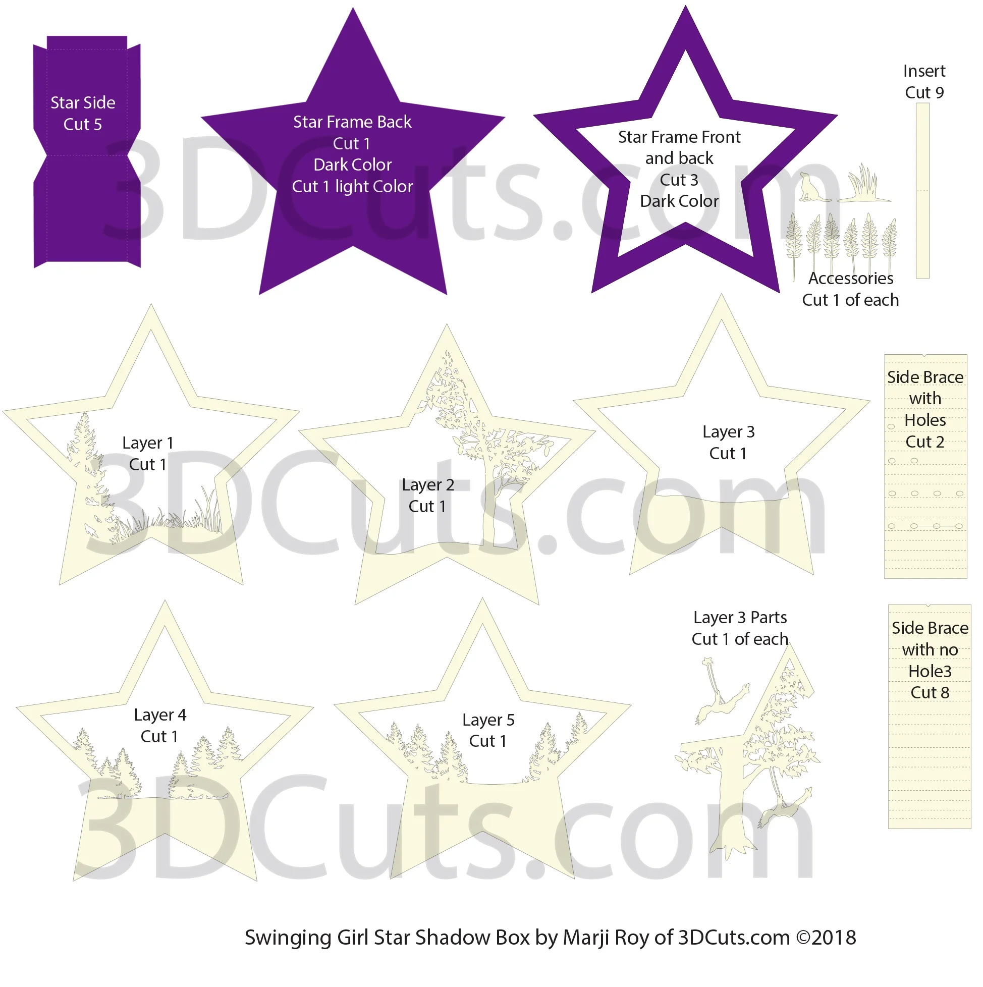 Layout for Stunning 3D illuminated Swinging Girl Star Shadow Box by 3dCuts.com, by Marji Roy, 3D cutting files in .svg, .dxf, png and .pdf formats for use with Silhouette, Cricut and Brother cutting machines, paper crafting files, SVG Files