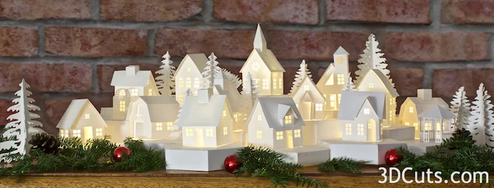 Tea Light Village, 3DCuts.com, Marji Roy, 3D cutting files in .svg, .dxf, and .pdf formats for use with Silhouette, Cricut and other cutting machines, paper crafting files