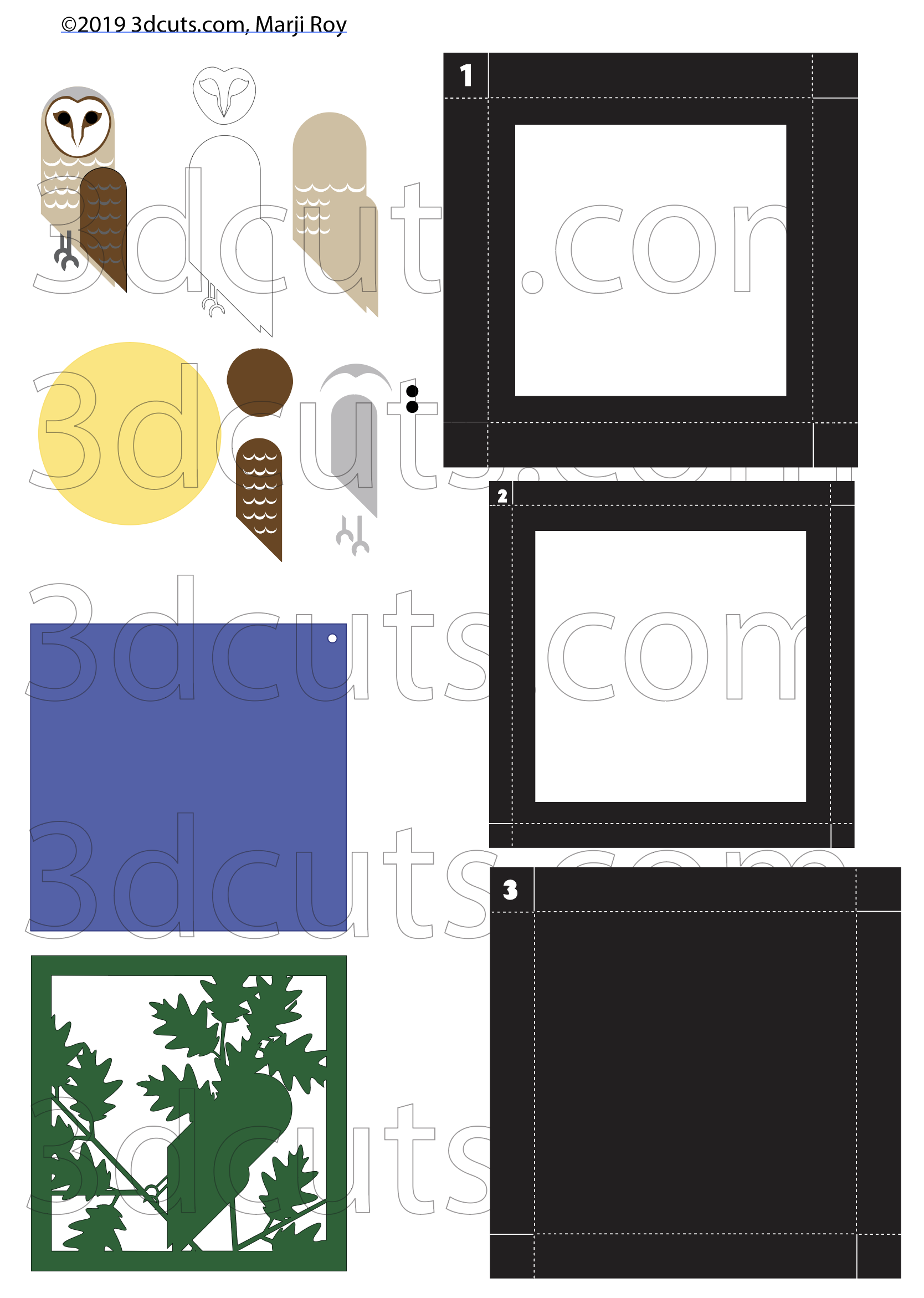 Barn Owl Shadow Box from the Owl Series by 3DCuts.com, Marji Roy, 3D cutting files in .svg, .dxf, and .pdf formats for use with Silhouette, Cricut and other cutting machines.