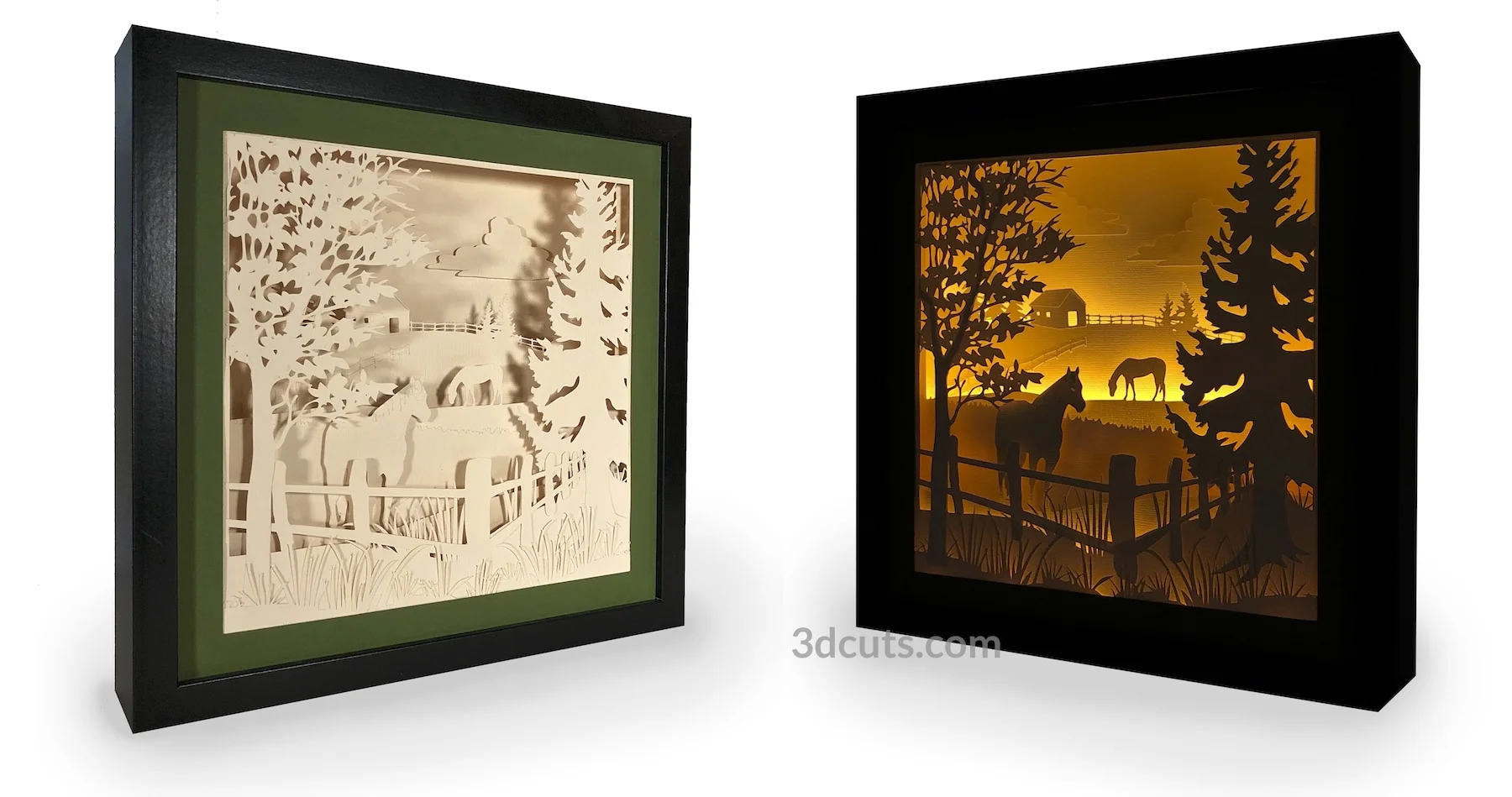 3D illuminated Horses Grazing Square Shadow Box by 3dCuts.com, by Marji Roy, 3D cutting files in .svg, .dxf, png and .pdf formats for use with Silhouette, Cricut and Brother cutting machines, paper crafting files, SVG Files