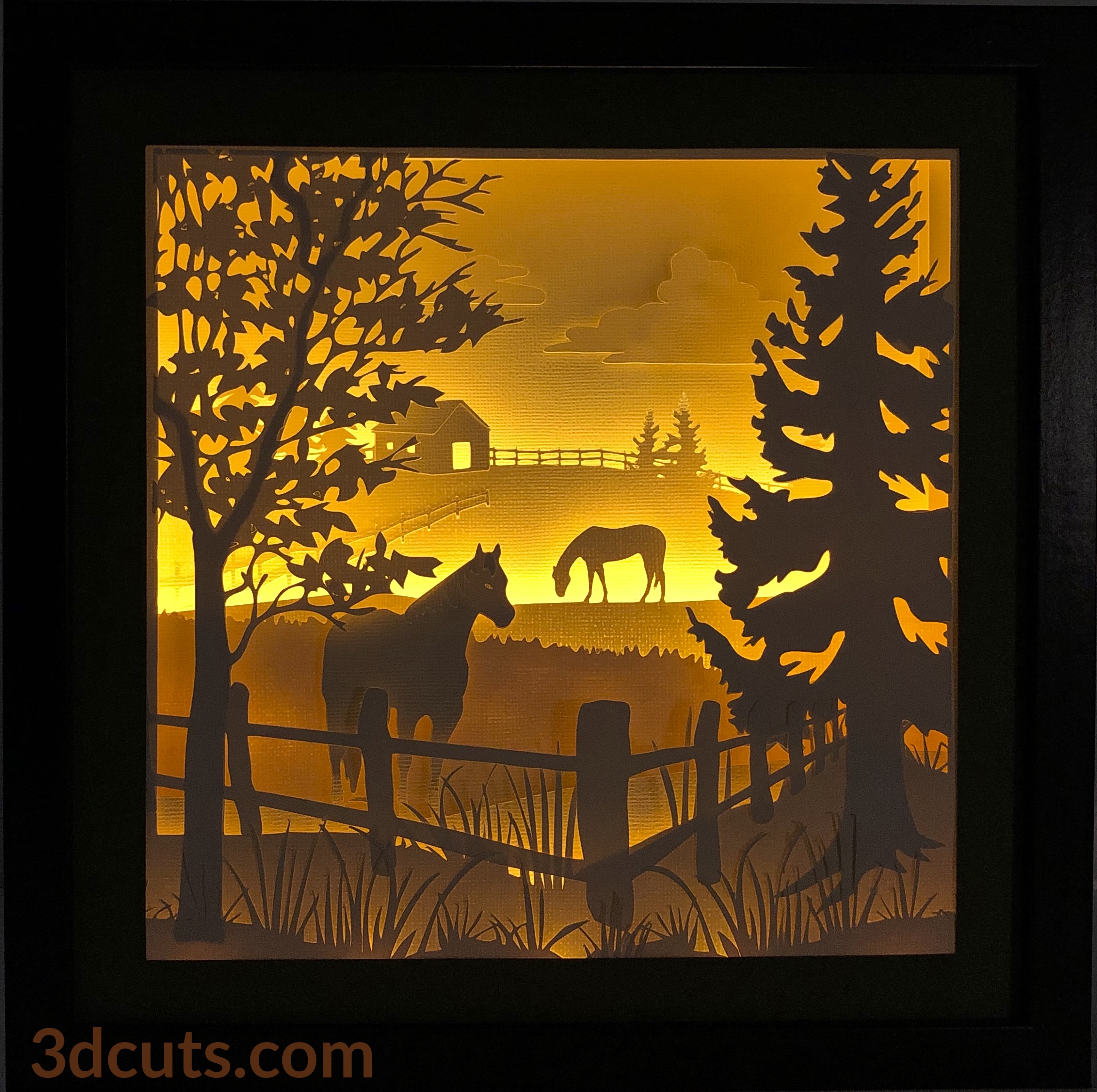 Horses Grazing Shadow Box - Square Format — 3DCuts.com