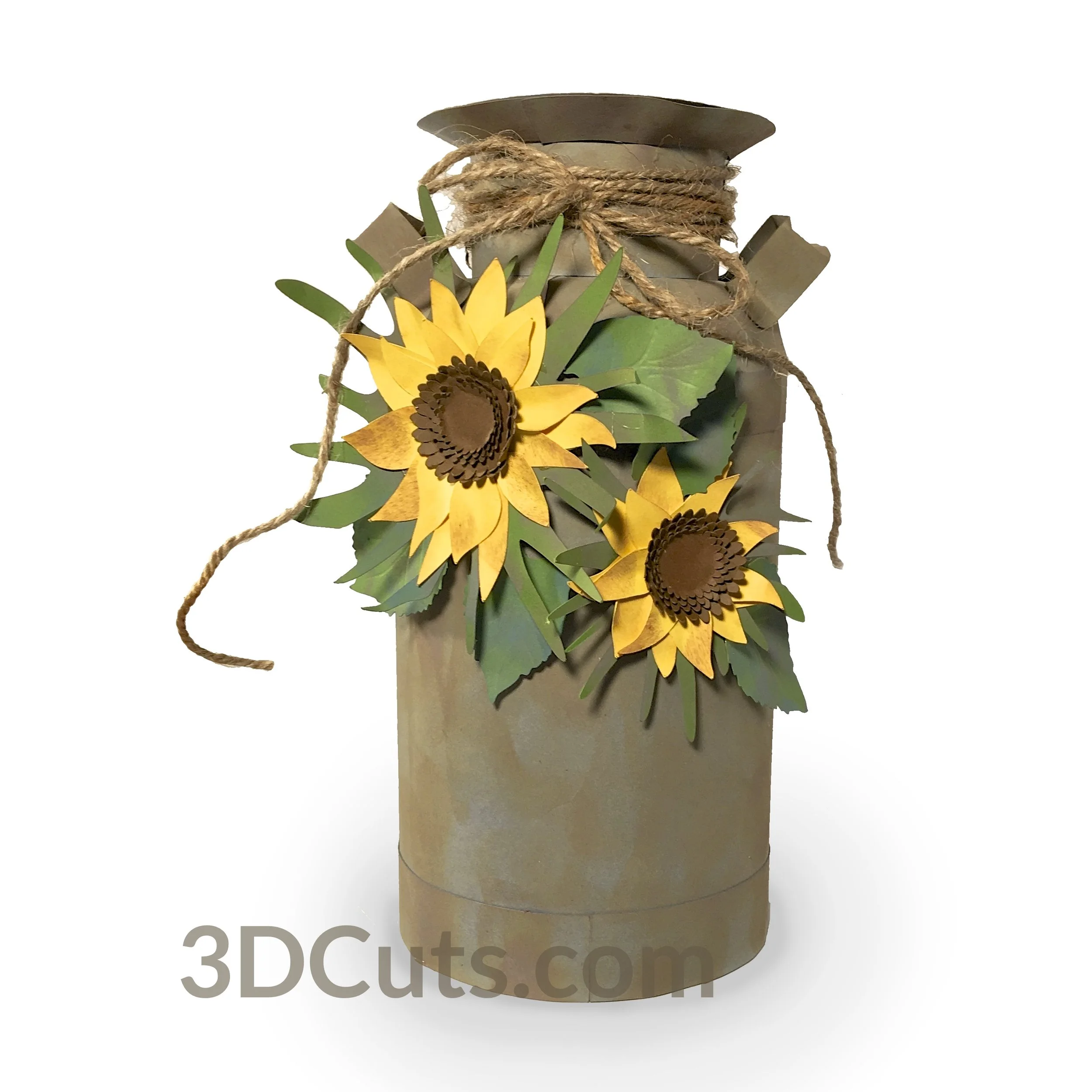 3D Milk Can with Sunflowers by 3dCuts.com, by Marji Roy, 3D cutting files in .svg, .dxf, png and .pdf formats for use with Silhouette, Cricut and Brother cutting machines, paper crafting files, SVG Files