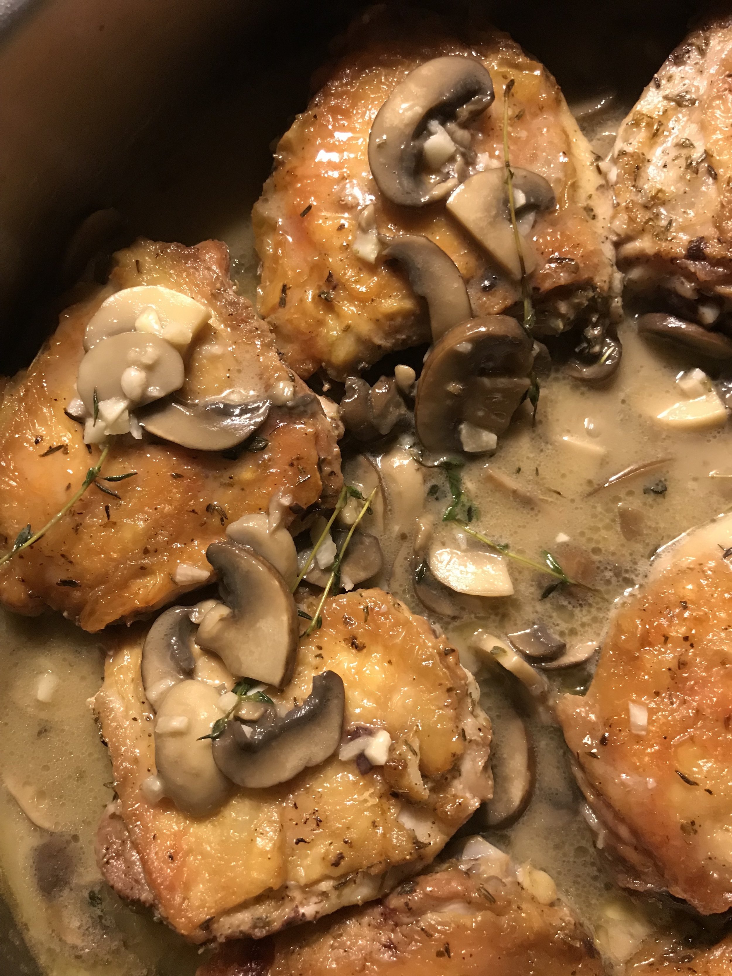 One of my favorite Whole30 meals: Creamy Mushroom Bacon Chicken Thighs with Thyme | Photo by me