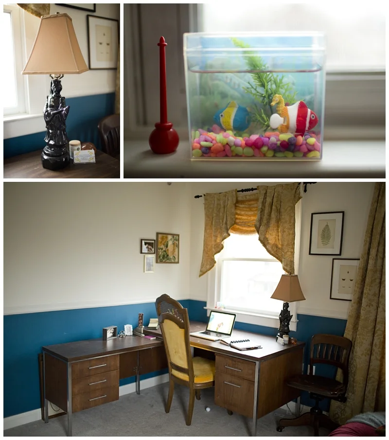 My fake fish tank..I just can't bear to see them die, so this way is much easier! DIY lamp and my favorite $5 yellow chair find (cha-ching)