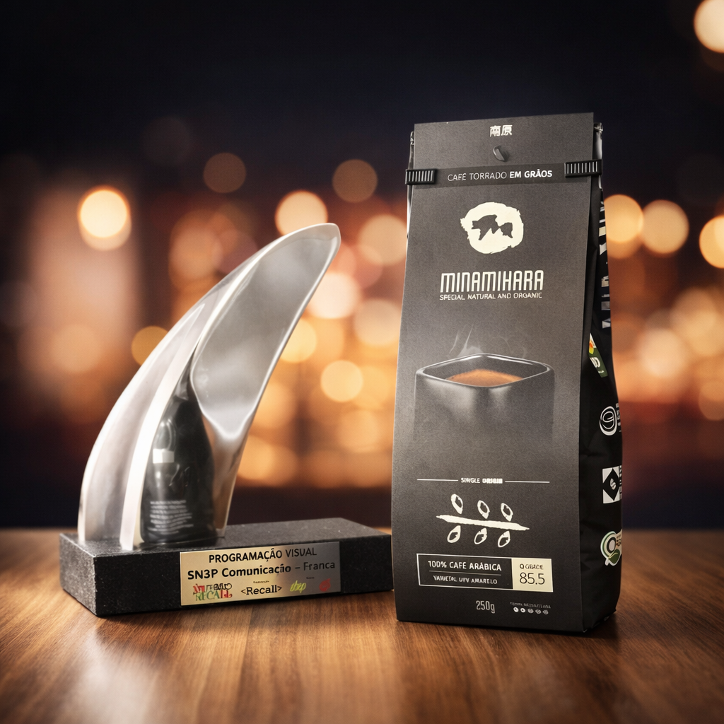 Pacote de café torrado em grãos da marca Minamiara ao lado de um troféu de comunicação visual com uma placa de reconhecimento. Fundo com luzes desfocadas.