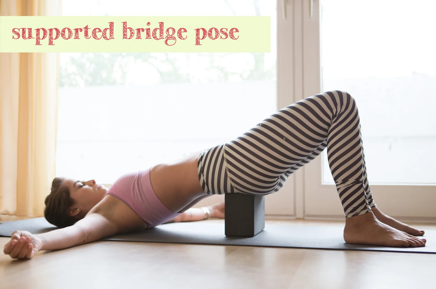 Pin it! Supported bridge pose - a great restorative pose Wearing: Champion sports bra , Teeki balanced traveler pants . Using: Wellicious divine mat .
