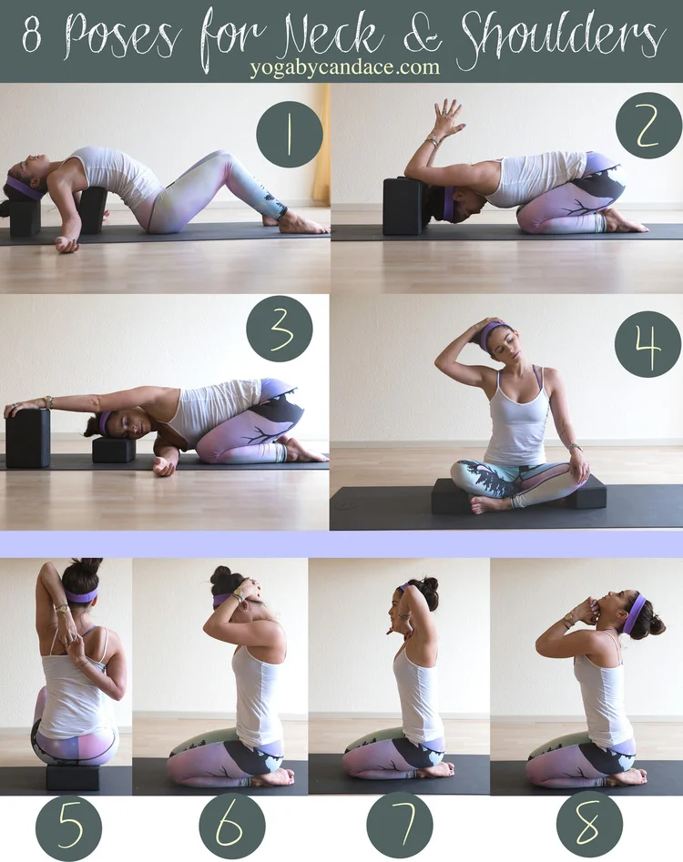 Pin it! 8 Yoga poses for neck and shoulders. Wearing: Teeki northern lights pants , old tank ( similar ), Lululemon headband ( similar ). Using: Wellicious divine mat, yoga blocks .